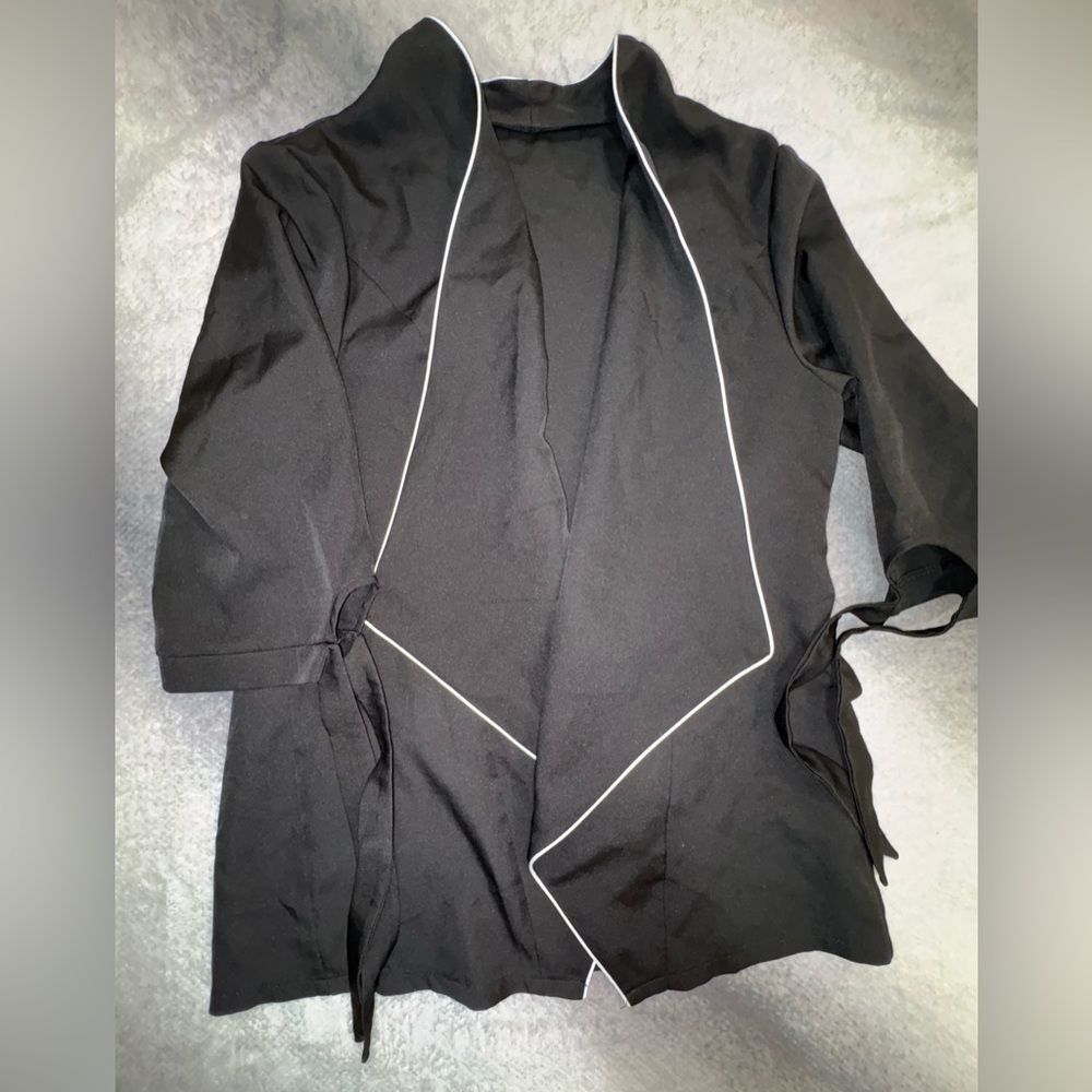 (B1) SHEIN Black White Piping Open Front 3/4‎ Tie Sleeve Blazer Jacket 0XL 12